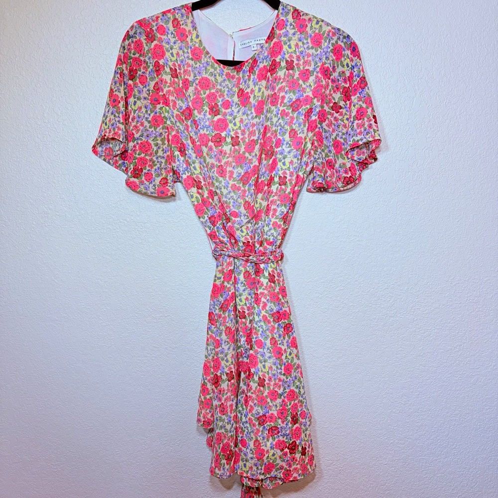 English Factory Women's S Floral Fit & Flare Flutter Sleeve Tie Waist Dress